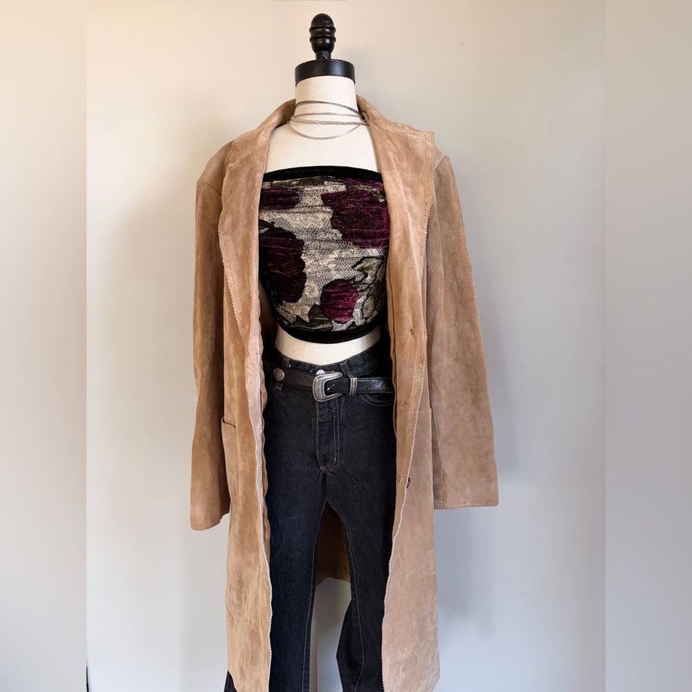Vintage 80s Margaret Godfrey Tan Suede Leather Long Coat Size 14